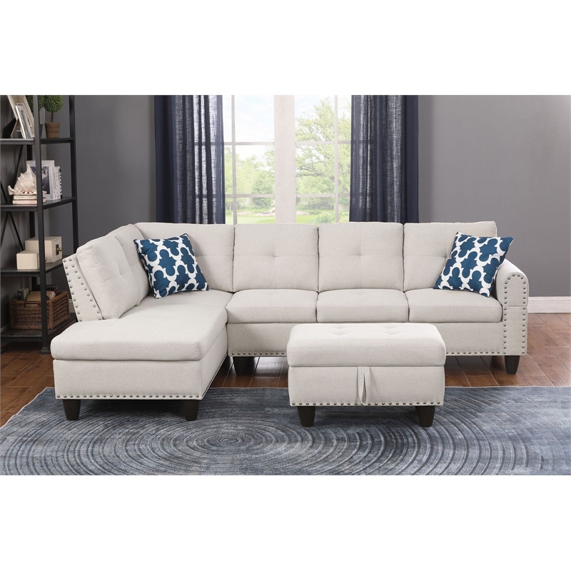 Maklaine Modern Polyester Fabric Sectional Sofa with Ottoman in Beige