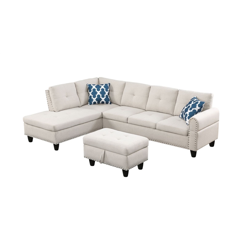 Maklaine Modern Polyester Fabric Sectional Sofa with Ottoman in Beige