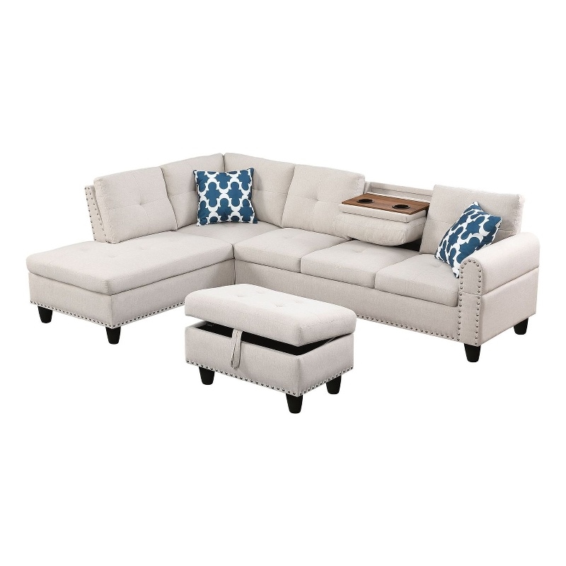 Maklaine Modern Polyester Fabric Sectional Sofa with Ottoman in Beige