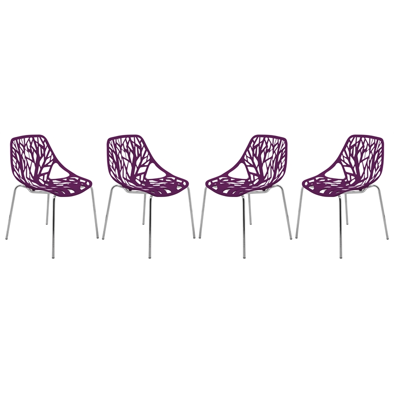 Maklaine Modern Dining Side Chair With Chromed Legs in Purple Set of 4