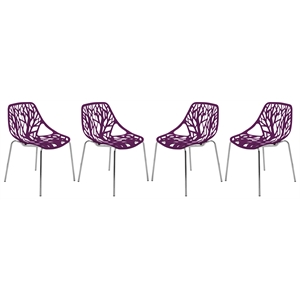 Maklaine Modern Dining Side Chair With Chromed Legs in Purple Set of 4