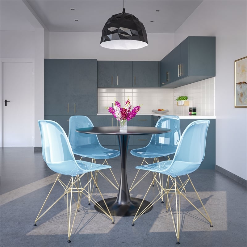 Maklaine Modern Gold Eiffel Base Dining Side Chair in Transparent Blue