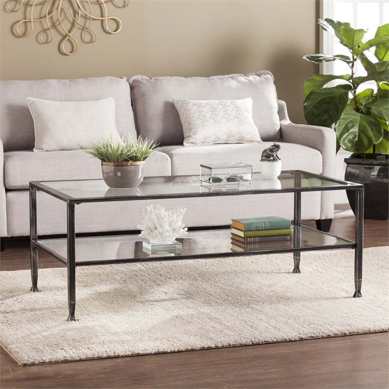 Maklaine Contemporary Glass Top Metal Coffee Table in Black Finish