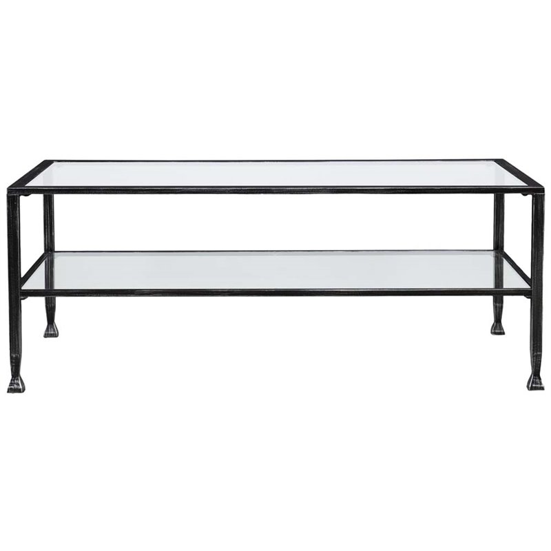 Maklaine Contemporary Glass Top Metal Coffee Table in Black Finish