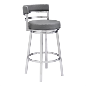 Maklaine 30&quot Faux Leather & Stainless Steel Bar Stool in Gray