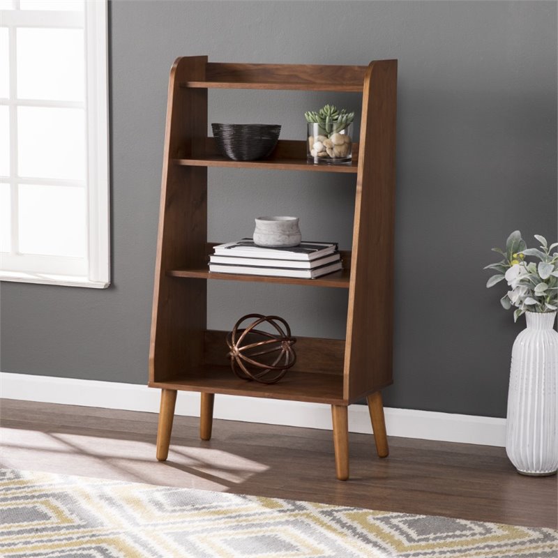 Maklaine 4 Shelf Mid Century Modern Wood Bookcase in Walnut Finish