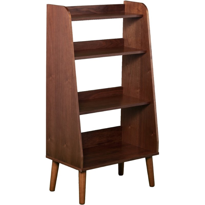Maklaine 4 Shelf Mid Century Modern Wood Bookcase in Walnut Finish
