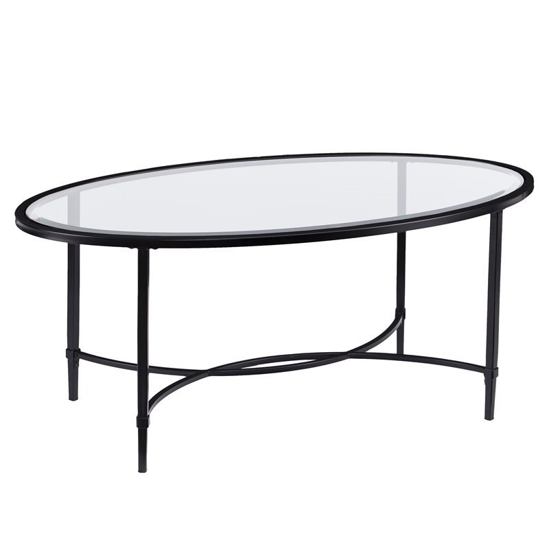 Maklaine Contemporary Oval Glass Top Cocktail Table in Black