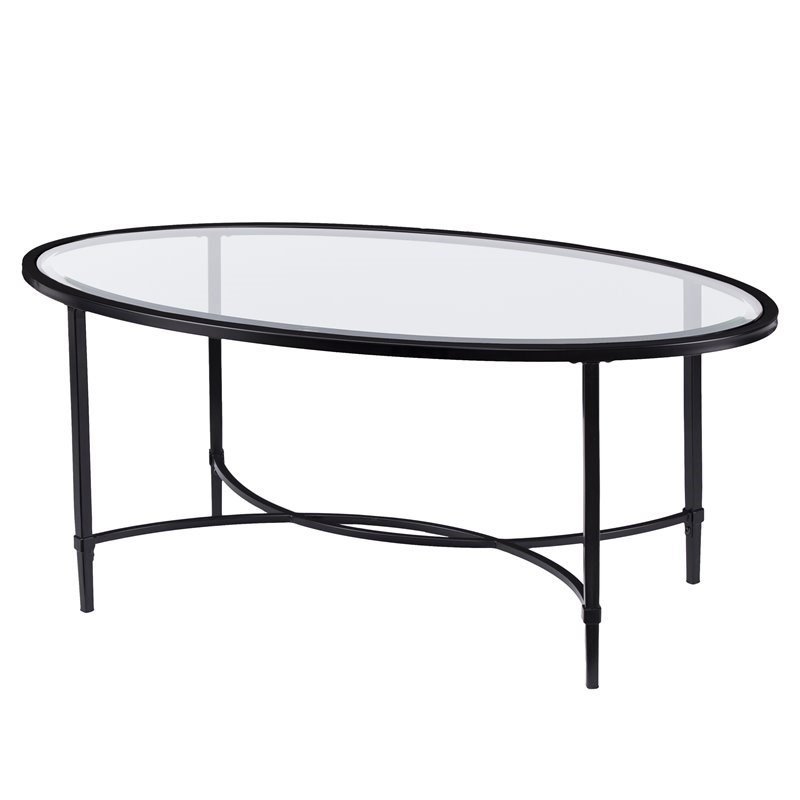 Maklaine Contemporary Oval Glass Top Cocktail Table in Black