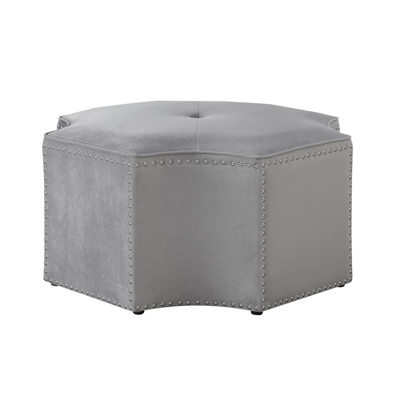 Maklaine Velvet Upholstered Octagon Cocktail Ottoman in Gray