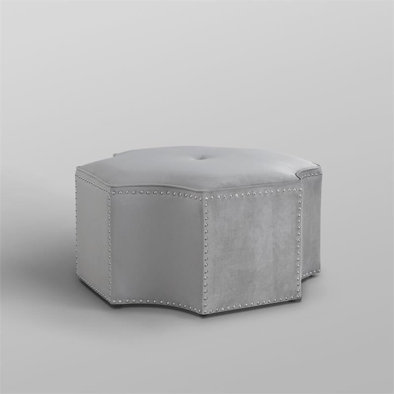 Maklaine Velvet Upholstered Octagon Cocktail Ottoman in Gray