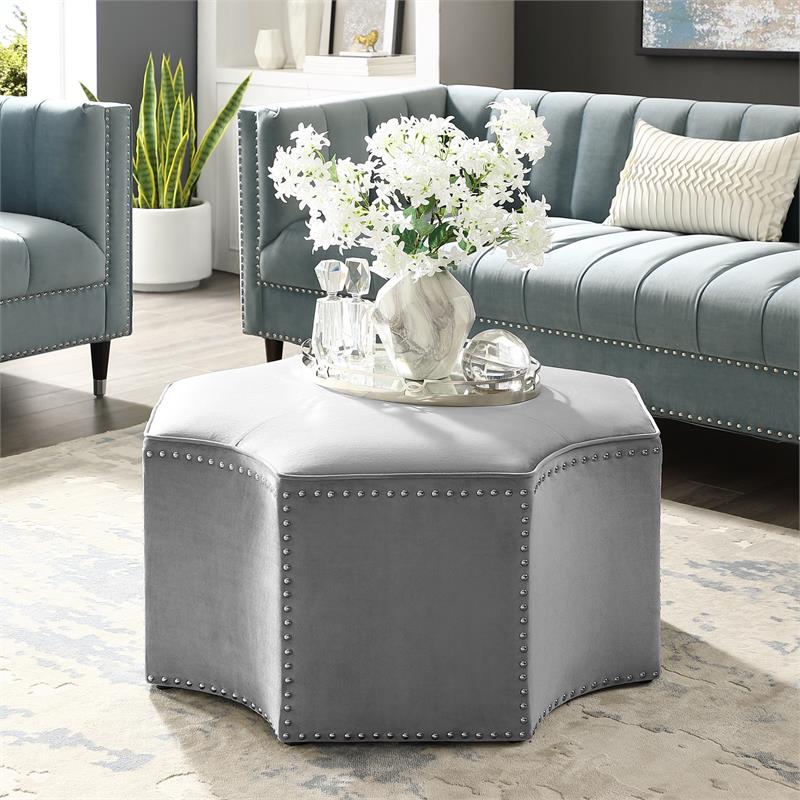 Maklaine Velvet Upholstered Octagon Cocktail Ottoman in Gray