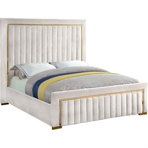 Maklaine Contemporary Solid Wood and Velvet Queen Bed in Cream