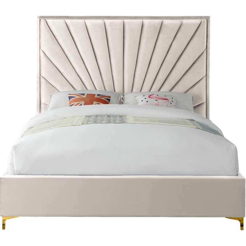 Maklaine Contemporary Solid Wood and Velvet Queen Bed in Cream