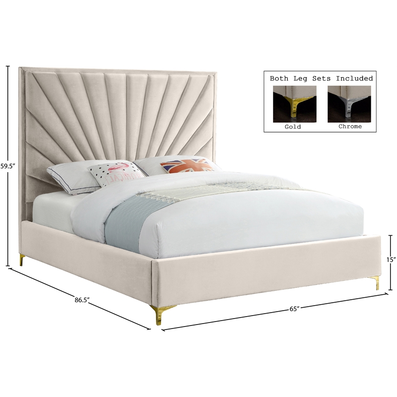 Maklaine Contemporary Solid Wood and Velvet Queen Bed in Cream