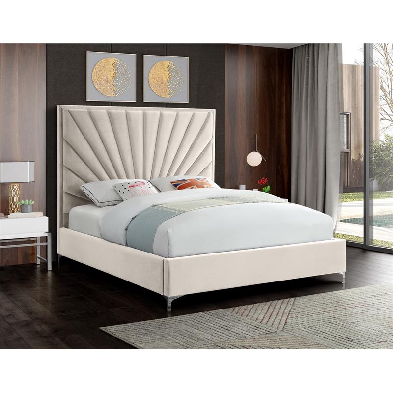 Maklaine Contemporary Solid Wood and Velvet Queen Bed in Cream