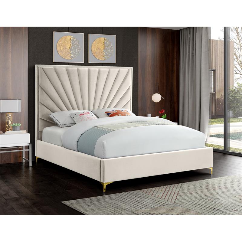 Maklaine Contemporary Solid Wood and Velvet Queen Bed in Cream