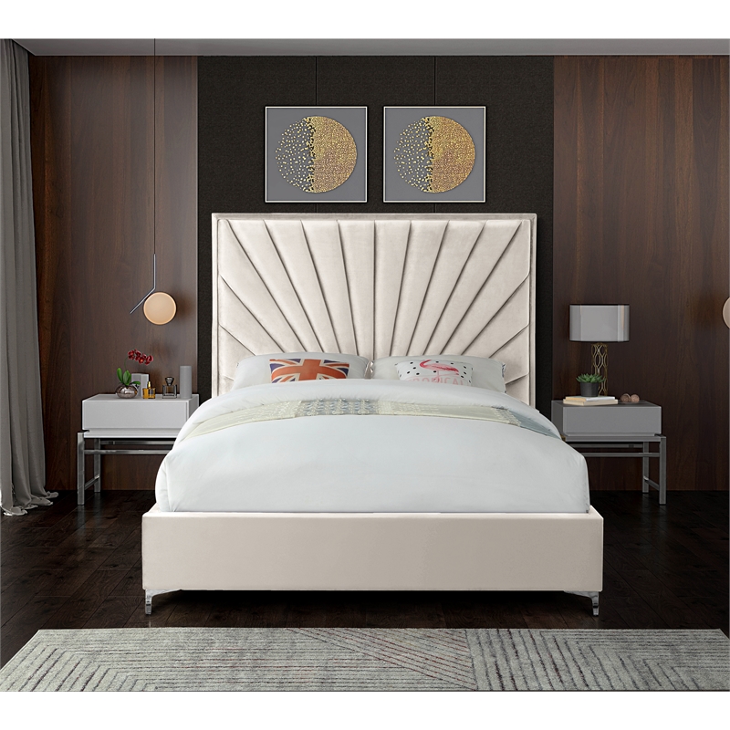Maklaine Contemporary Solid Wood and Velvet Queen Bed in Cream