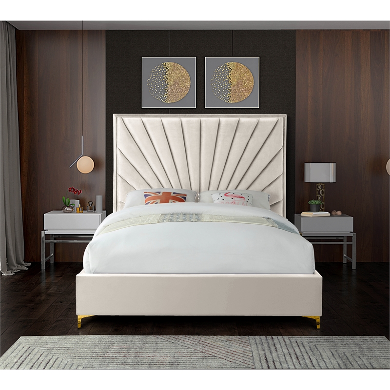 Maklaine Contemporary Solid Wood and Velvet Queen Bed in Cream