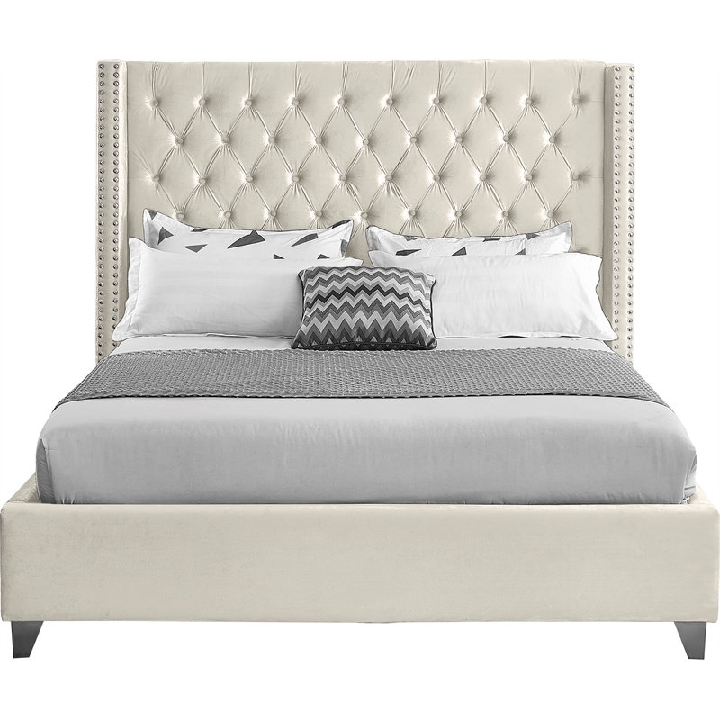 Maklaine Solid Wood Tufted Velvet Wing Back Queen Bed in Cream