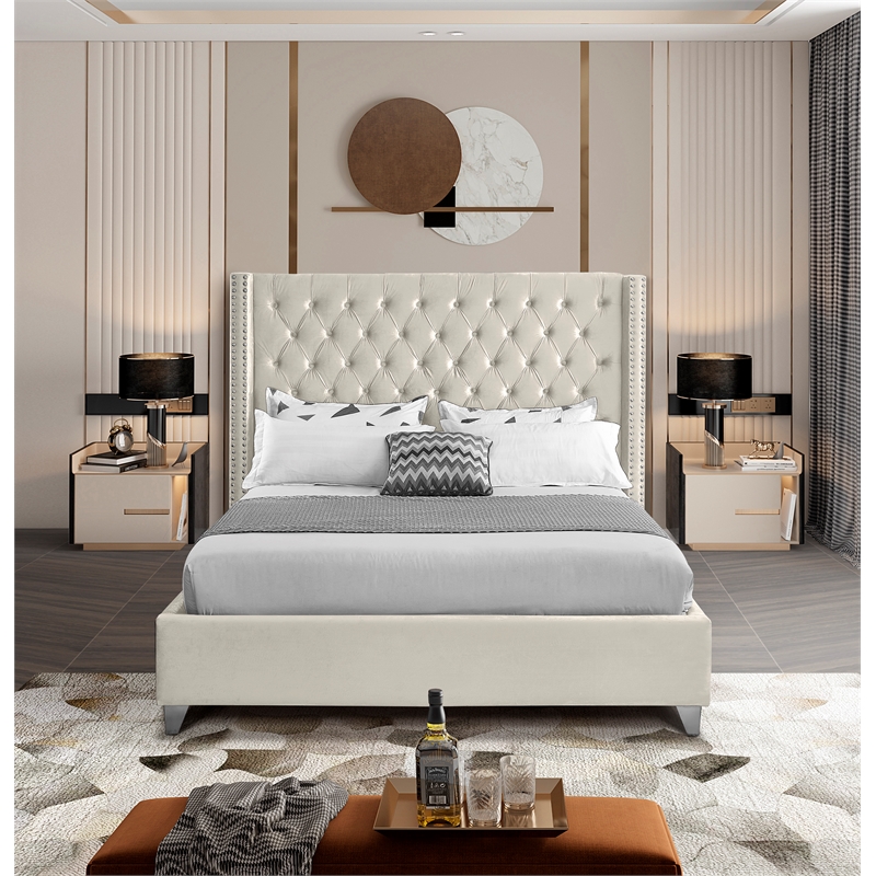 Maklaine Solid Wood Tufted Velvet Wing Back Queen Bed in Cream
