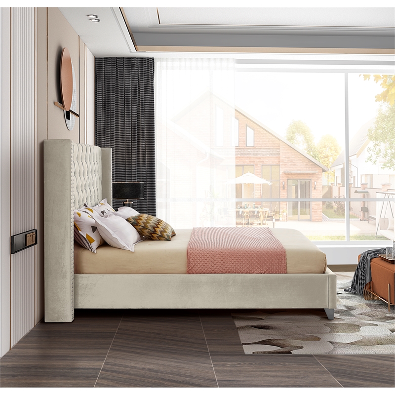 Maklaine Solid Wood Tufted Velvet Wing Back Queen Bed in Cream