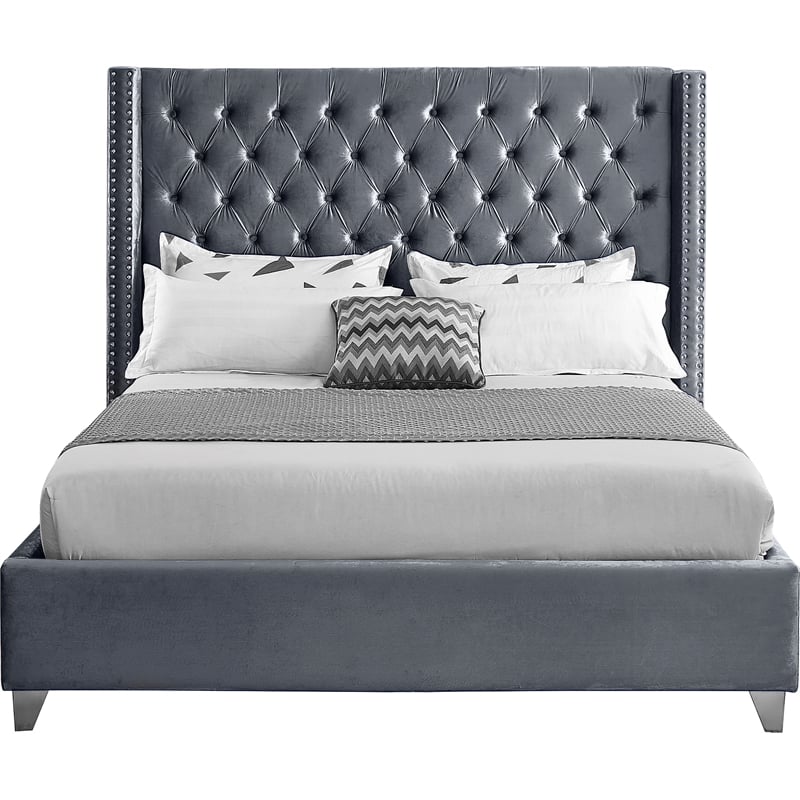 Maklaine Solid Wood Tufted Velvet Wing Back Full Bed in Gray