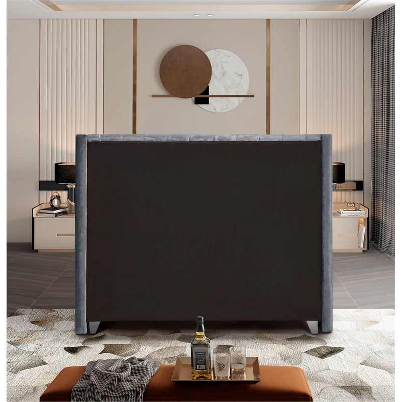 Maklaine Solid Wood Tufted Velvet Wing Back Full Bed in Gray