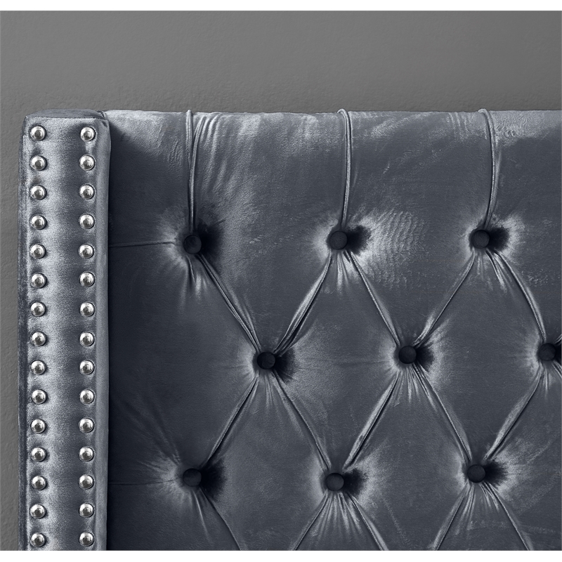 Maklaine Solid Wood Tufted Velvet Wing Back Full Bed in Gray