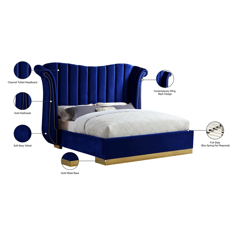 Maklaine Contemporary Solid Wood and Velvet Queen Bed in Navy