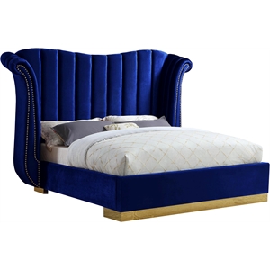 Maklaine Contemporary Solid Wood and Velvet Queen Bed in Navy