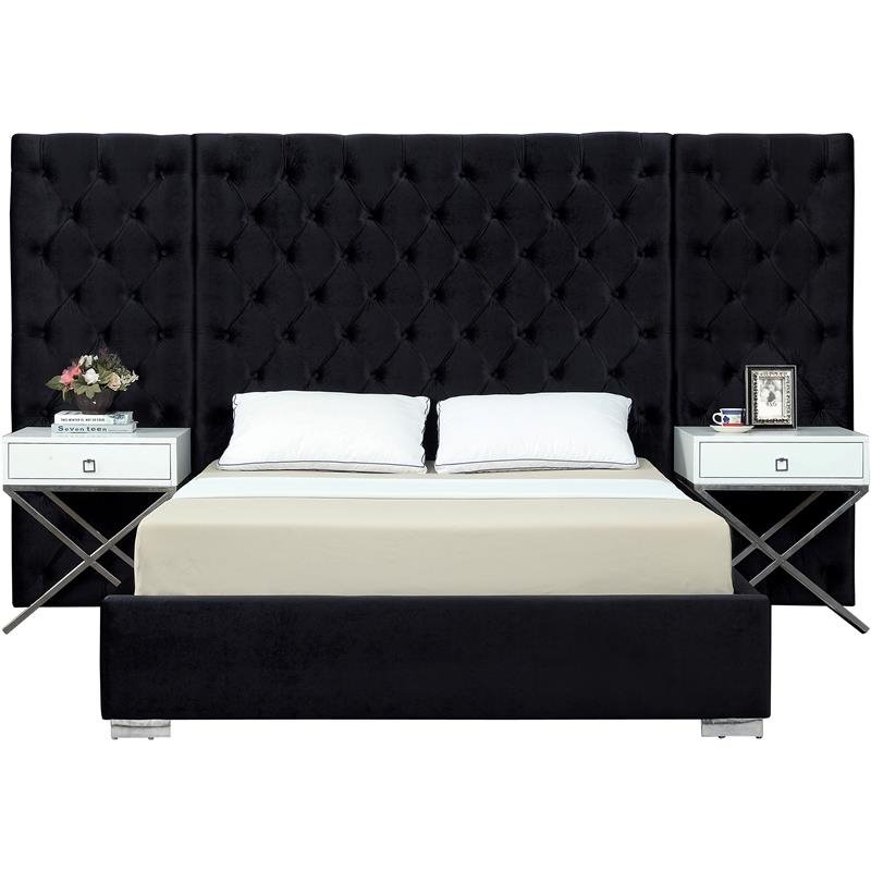 Maklaine Contemporary Solid Wood and Velvet King Bed in Black