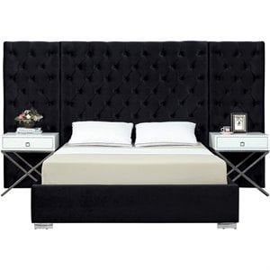 Maklaine Contemporary Solid Wood and Velvet King Bed in Black