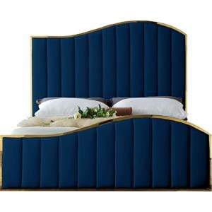Maklaine Contemporary Solid Wood and Velvet King Bed in Navy