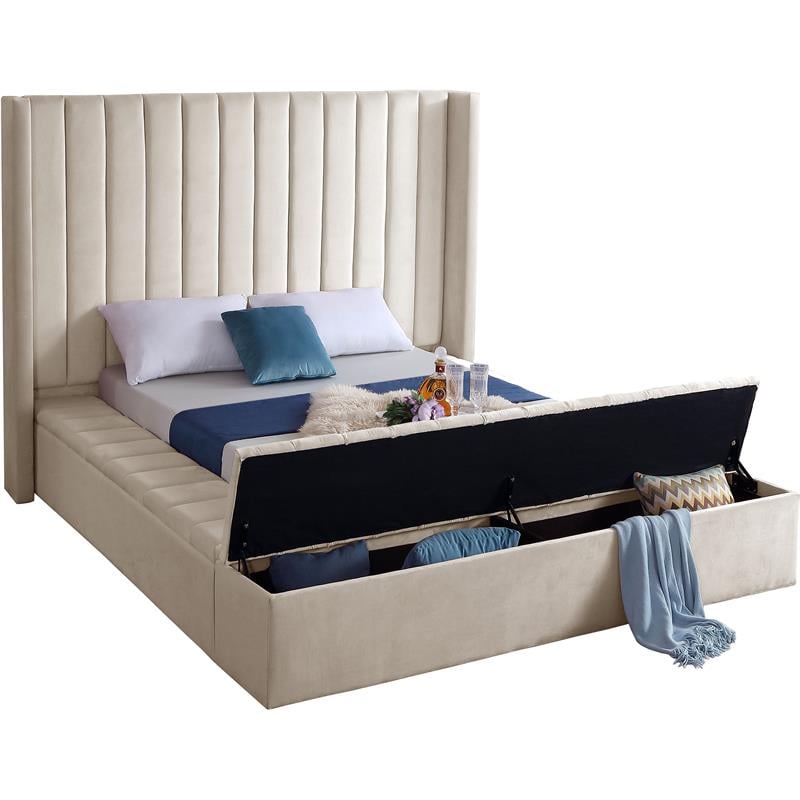 Maklaine Contemporary Solid Wood and Velvet Queen Bed in Cream