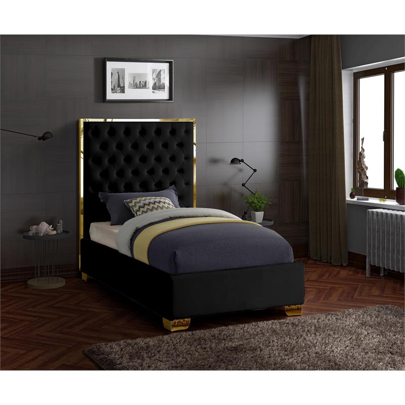 Maklaine Contemporary Solid Wood and Velvet Twin Bed in Black