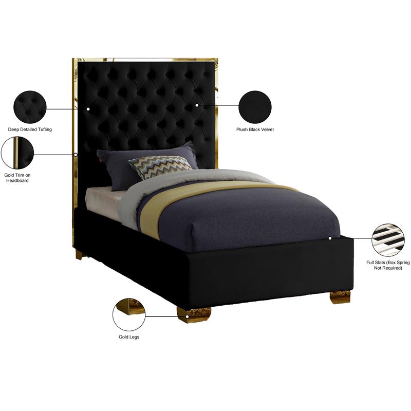 Maklaine Contemporary Solid Wood and Velvet Twin Bed in Black