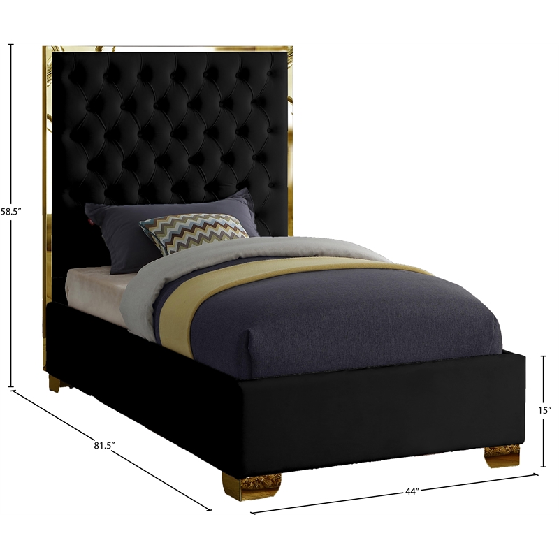 Maklaine Contemporary Solid Wood and Velvet Twin Bed in Black