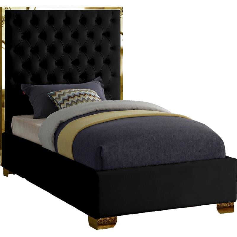 Maklaine Contemporary Solid Wood and Velvet Twin Bed in Black