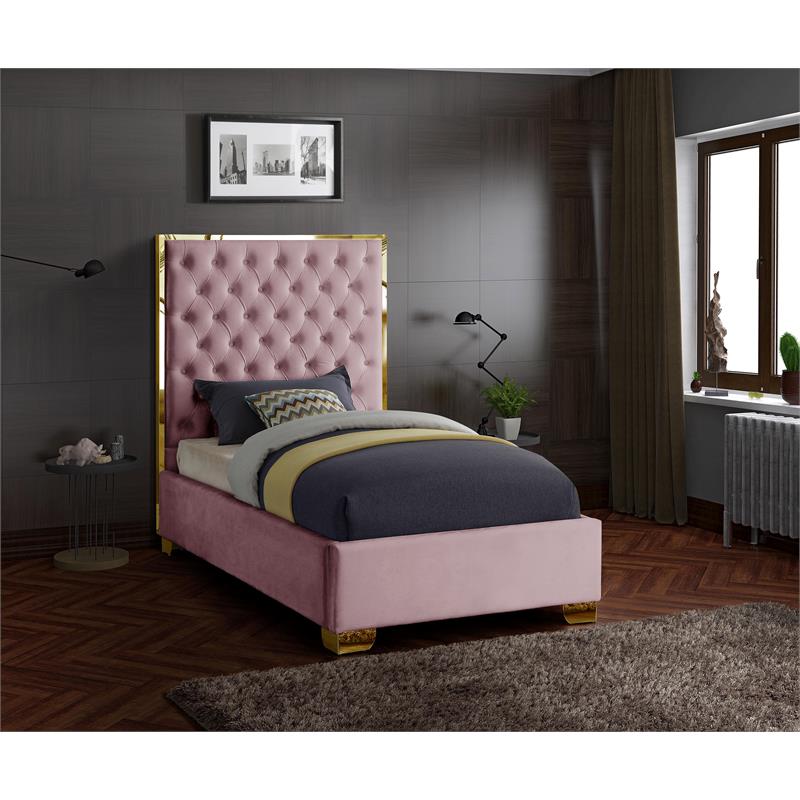 Maklaine Contemporary Solid Wood and Velvet Twin Bed in Pink