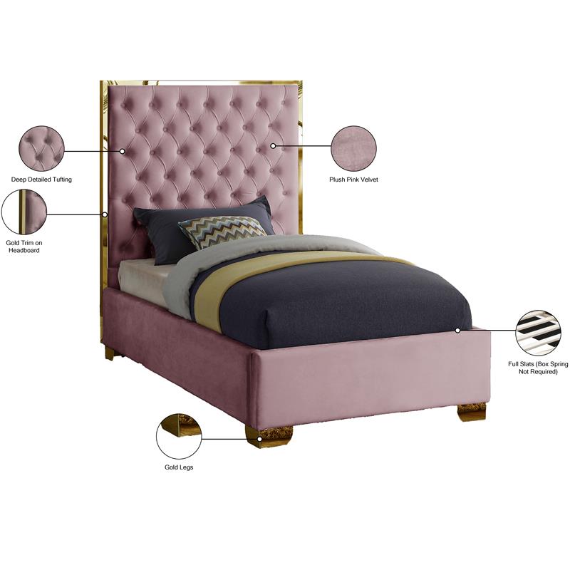 Maklaine Contemporary Solid Wood and Velvet Twin Bed in Pink