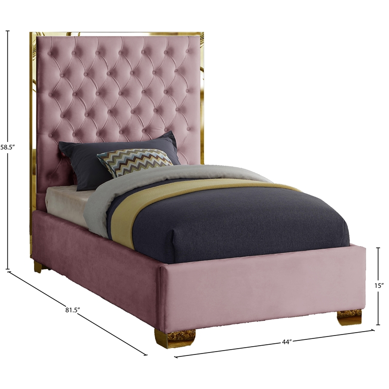 Maklaine Contemporary Solid Wood and Velvet Twin Bed in Pink