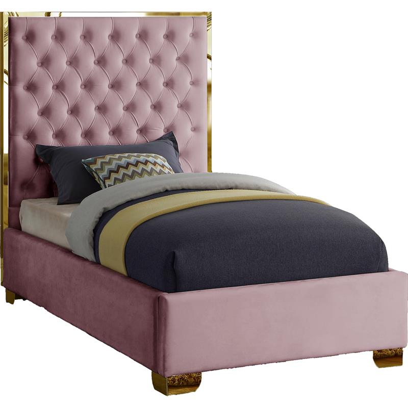 Maklaine Contemporary Solid Wood and Velvet Twin Bed in Pink
