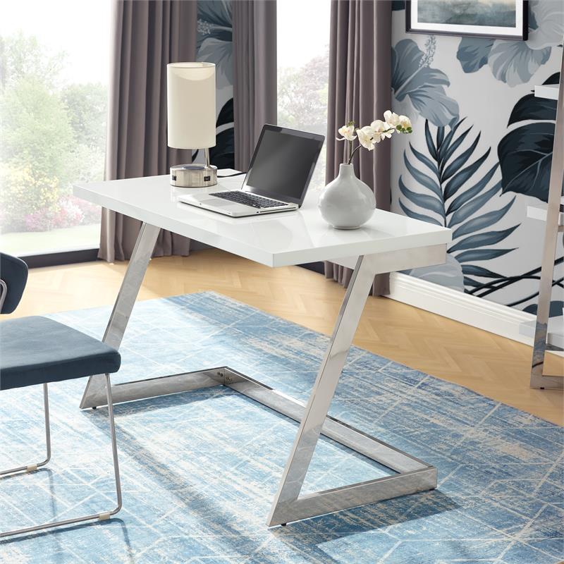 Maklaine Modern Stainless Steel Base Writing Desk in White/Chrome