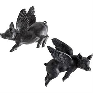 Maklaine Farmhouse Set of 2 Wall Objects of Black Resin Flying Pigs