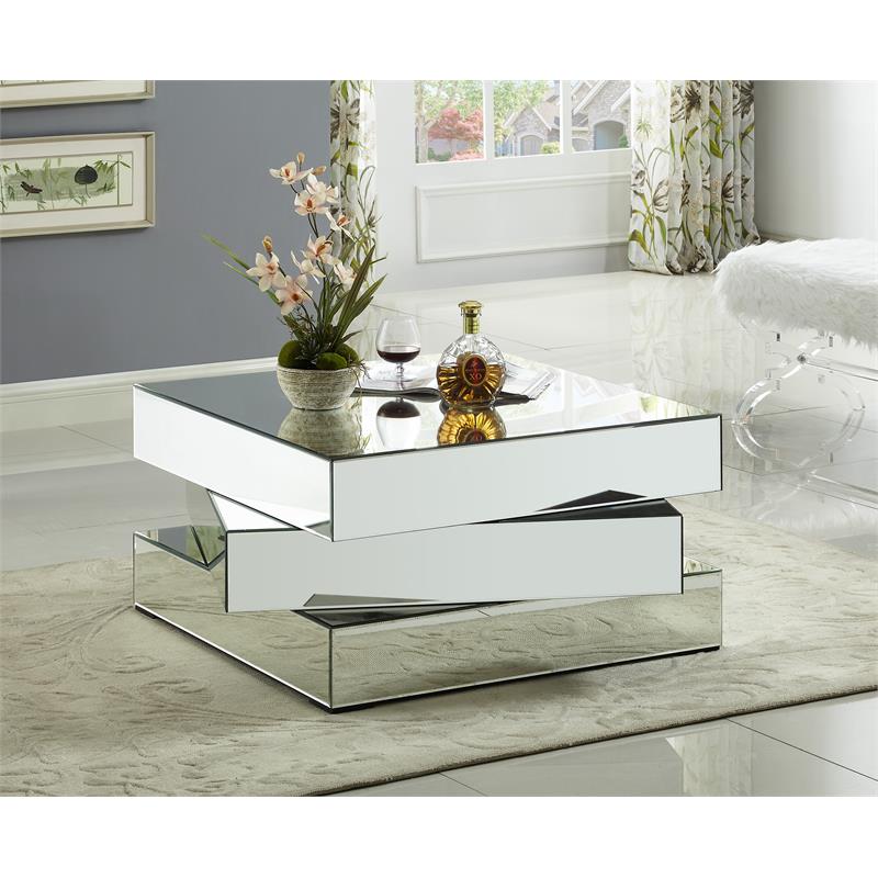 Maklaine Contemporary Stacked Design Mirrored Glass Coffee Table