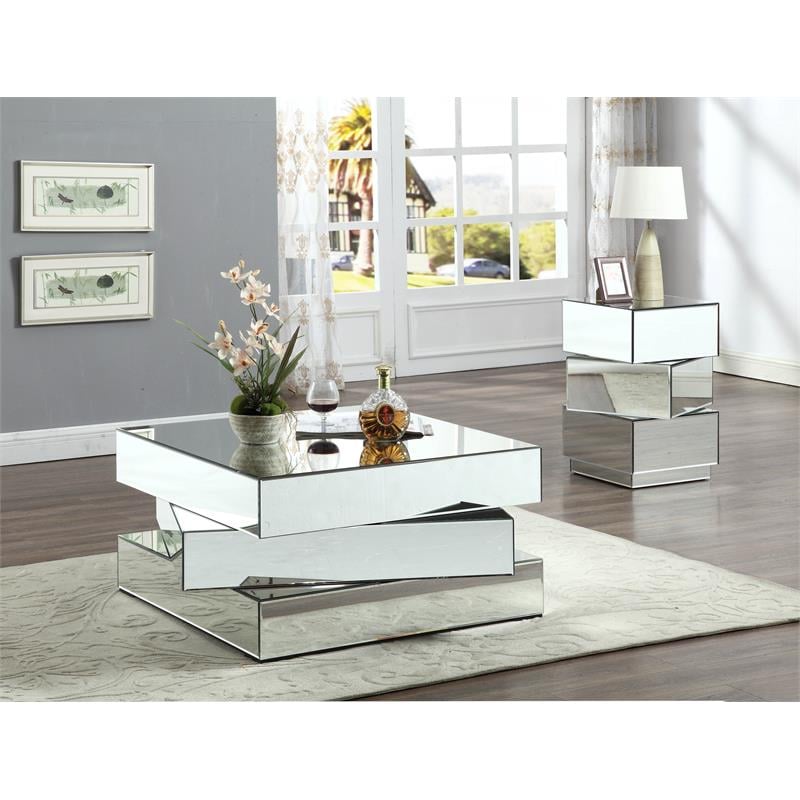 Maklaine Contemporary Stacked Design Mirrored Glass Coffee Table