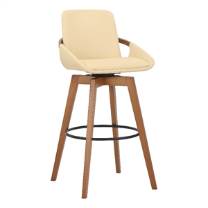 Maklaine 30&quot Modern Faux Leather Swivel Bar Stool in Cream/Walnut
