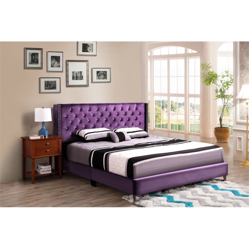 Maklaine Transitional Twill Fabric Upholstered King Bed in Purple