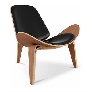 Maklaine 13.8&quot Wood and Genuine Leather Arch Shell Chair in Black